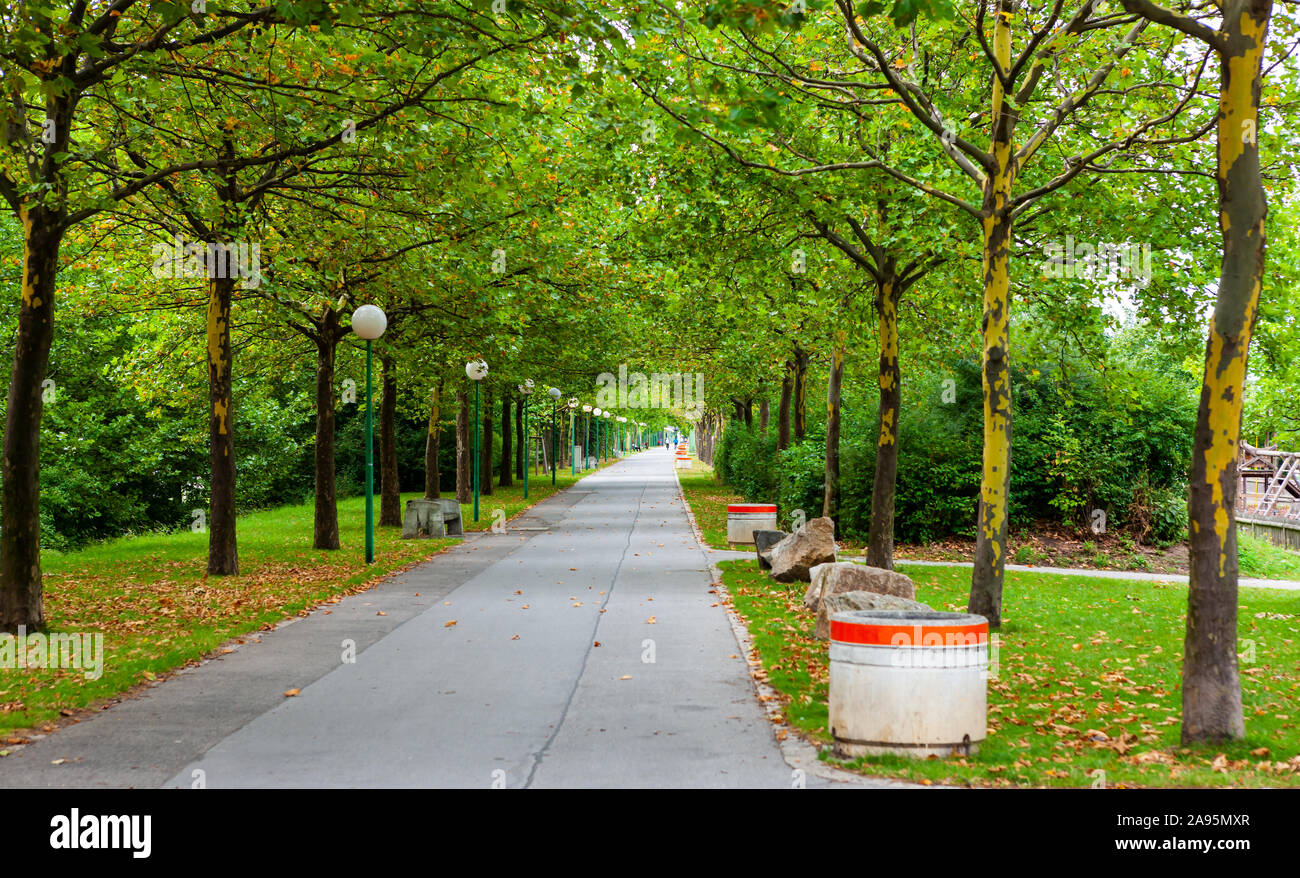 Pfad unter dem Vordach in der Nähe der Donau, Wien, Österreich Stockfoto