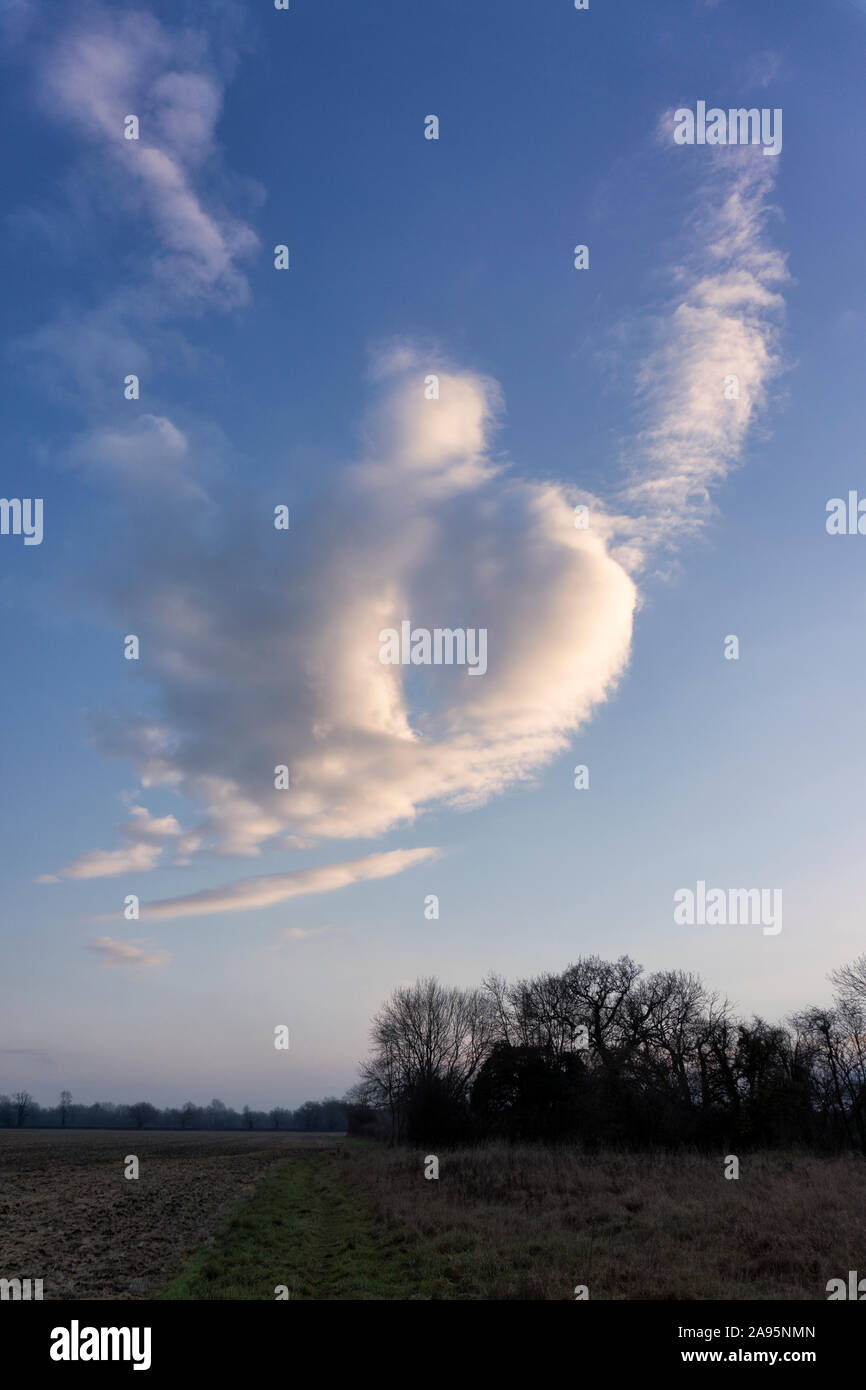 Die wolkenbildung in der Form eines (Fat) Riese, Genie oder Engel fliegen über Felder in der Dämmerung Stockfoto