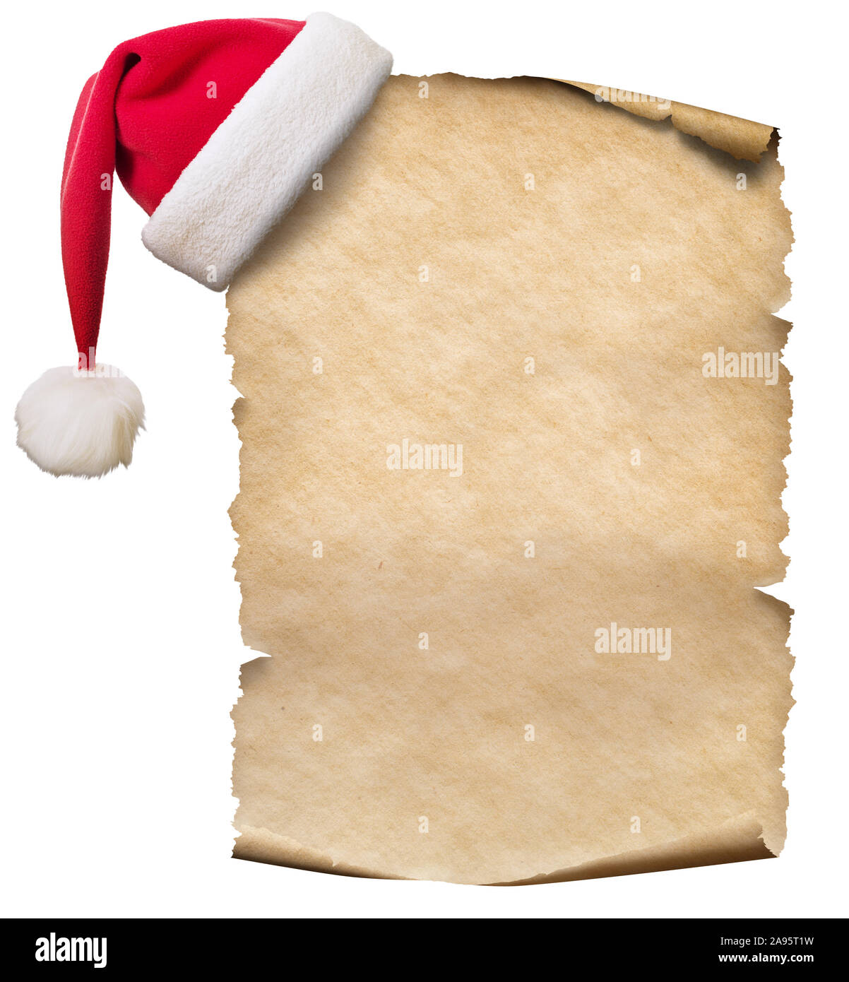Alte leeres Papier und Weihnachten Hut isoliert Stockfoto