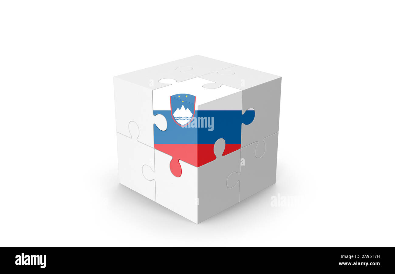 Die slowenische Flagge Puzzle auf 3D-Würfel gegen isoliert weißer Hintergrund. Realistische 3D-Bild mit viel Platz für das Erntegut kopieren die Bedürfnisse ihres Design. Stockfoto