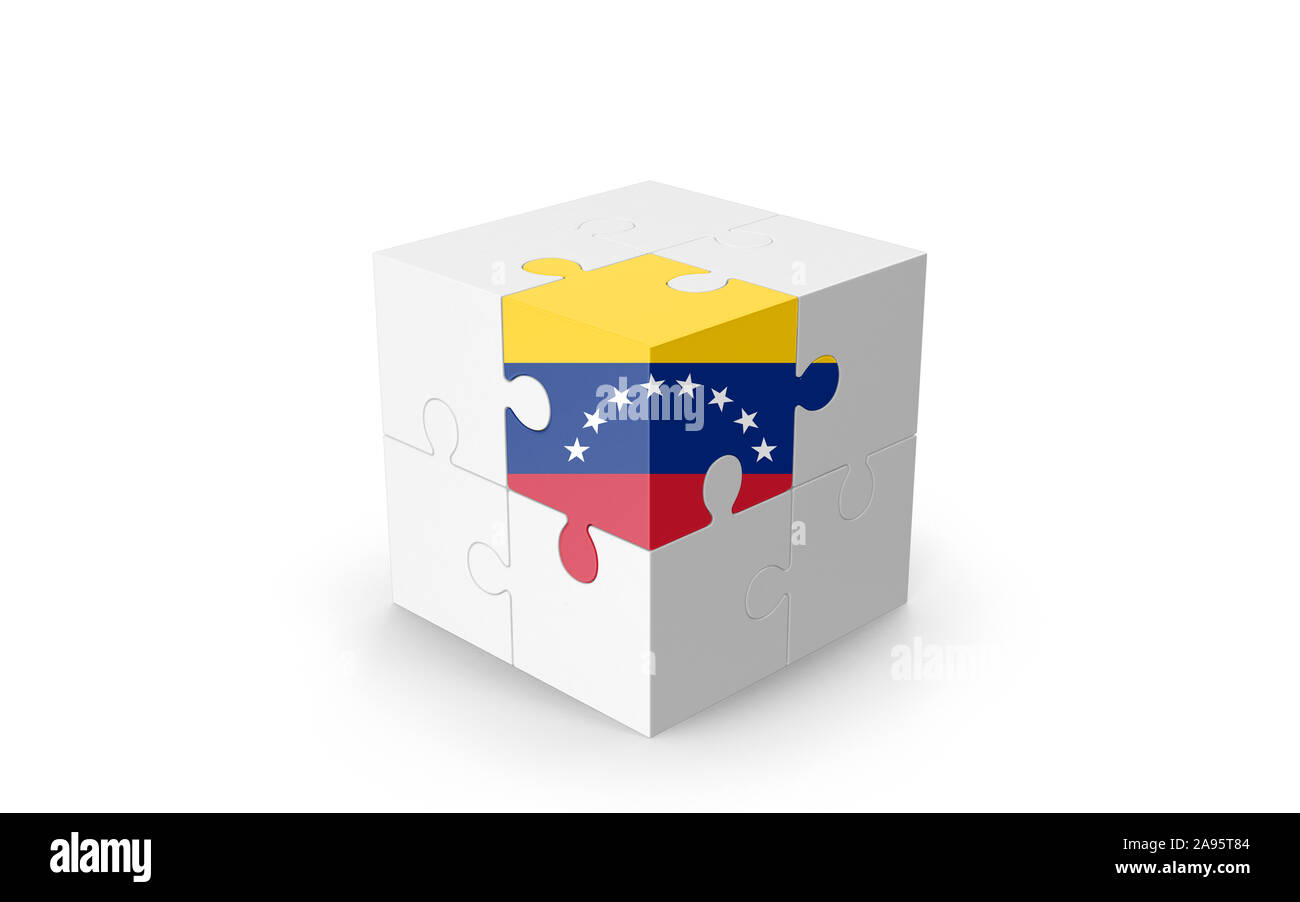 Venezolanische Flagge Puzzle auf 3D-Würfel gegen isoliert weißer Hintergrund. Realistische 3D-Bild mit viel Platz für das Erntegut kopieren die Bedürfnisse ihres Design. Stockfoto
