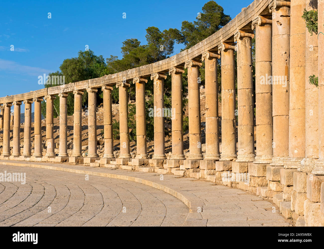 Spalten im Oval Plaza (Forum), Jerash, Jordanien Stockfoto