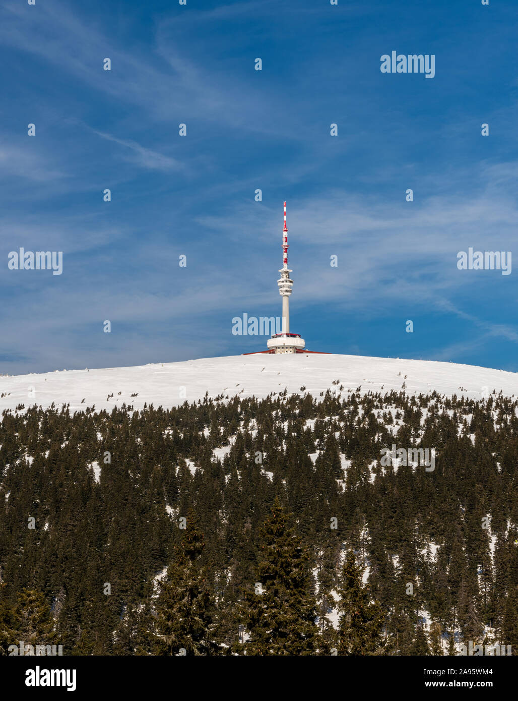 Blick auf praded Hügel mit Kommunikation Turm in der Nähe von Ski slopel Petrovy kameny im Winter Gesenke in der Tschechischen Republik Stockfoto