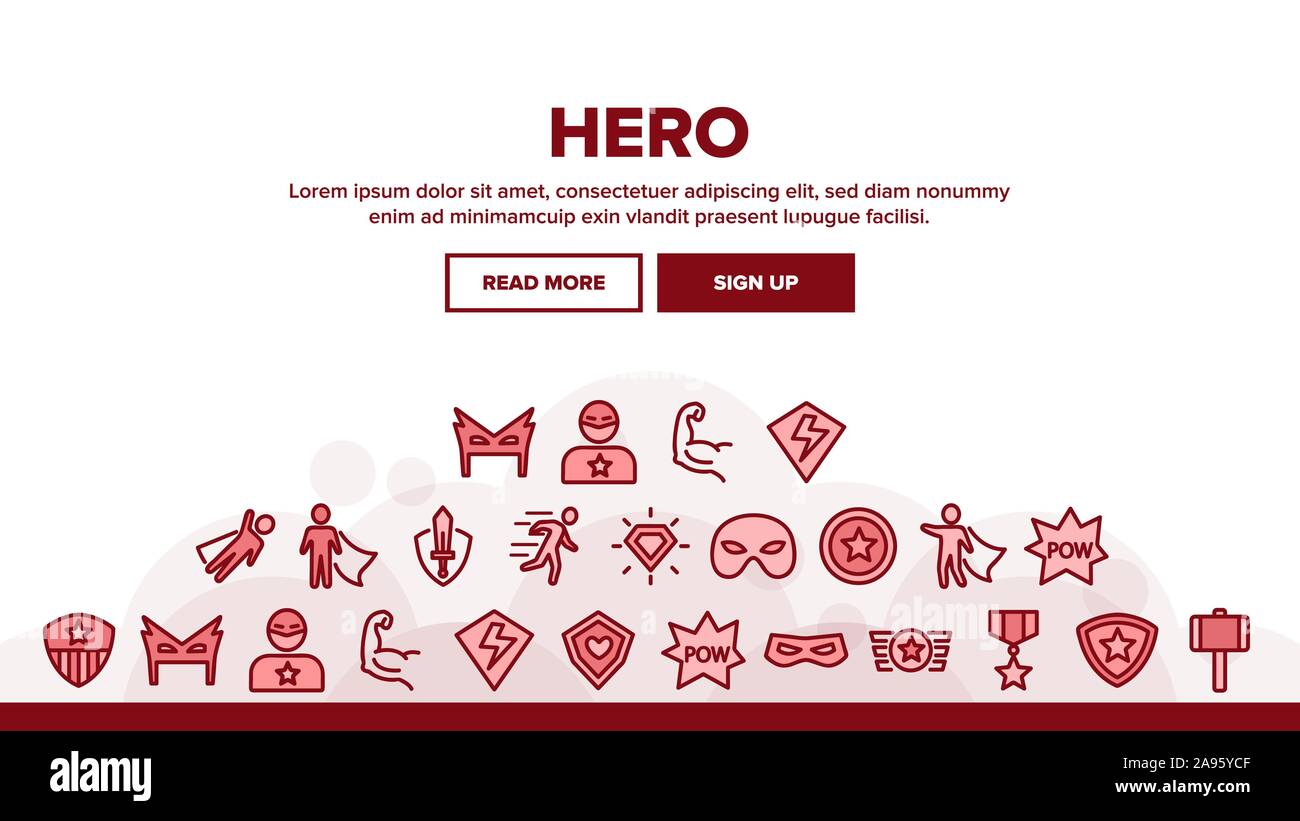 Super Hero Landung Webseite Header Banner Vorlage Vektor. Held Superman Silhouette und Captain America, Gesichtsmaske und Schild Abbildung Stock Vektor