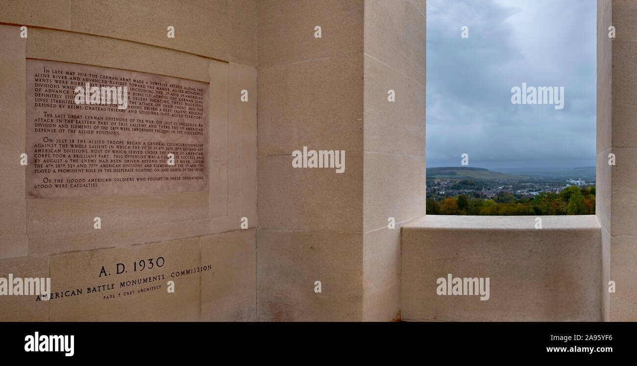 Der Château-Thierry American Denkmal Denkmal, 1937 eingeweiht, das an die Errungenschaften der USA im Ersten Weltkrieg Kräfte Stockfoto