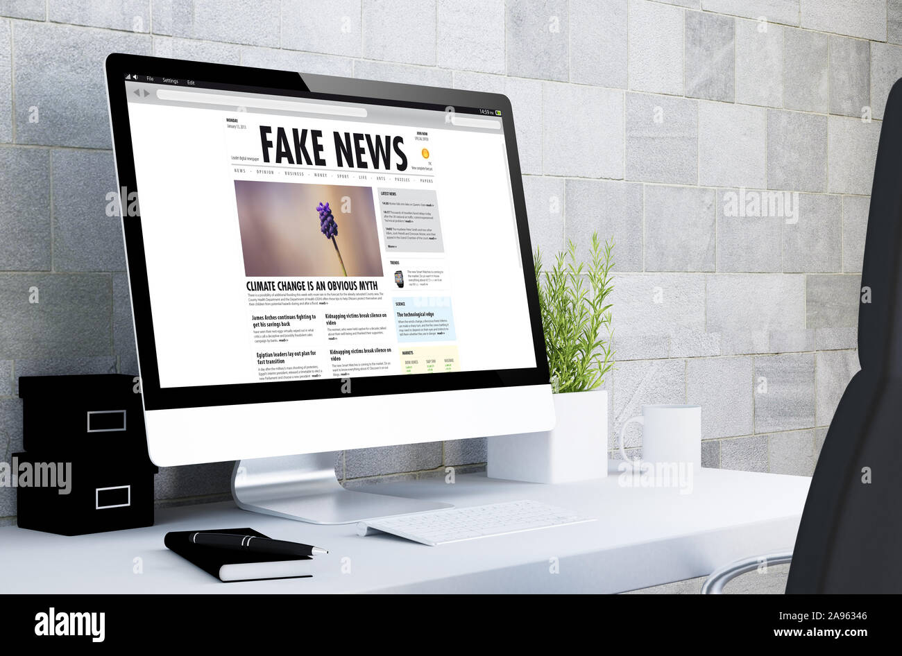 Computer auf einem Desktop gefälschte Nachrichten 3D-Rendering Stockfoto