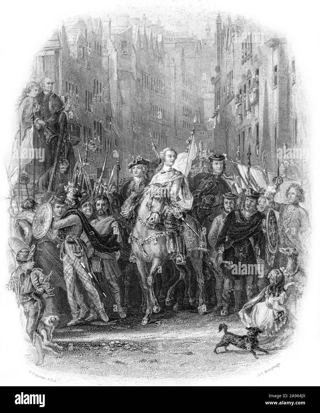 Ein Kupferstich von Prinz Charles Edward Stuart (Bonnie Prince Charlie) und die Highlanders in Edinburgh nach der Schlacht von Preston Pans (1745). Stockfoto