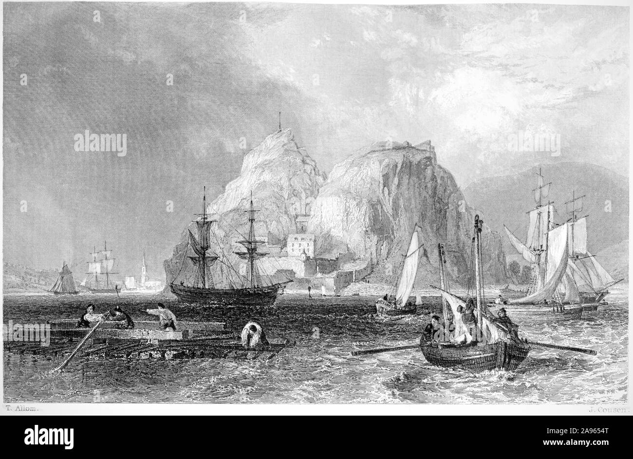 Ein Kupferstich von Dumbarton Castle auf dem Clyde gescannt und in hoher Auflösung aus einem Buch im Jahre 1859 gedruckt. Glaubten copyright frei. Stockfoto