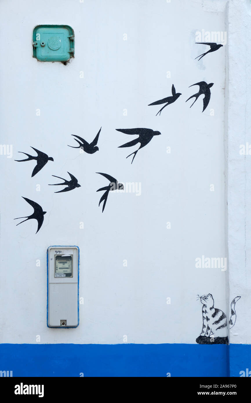 Asilah, Morocco-September 10, 2019: Wand in der Medina, der Altstadt von Asilah mit Wandmalerei Kunst der Vögel und Cat eingerichtet, Marokko Stockfoto