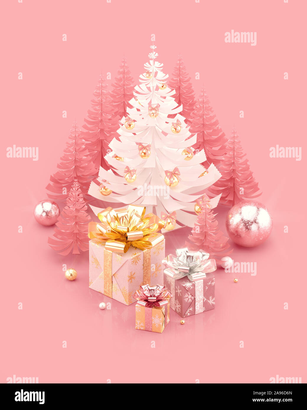 Frohe Weihnachten und guten Rutsch ins Neue Jahr Abbildung mit Geschenkboxen und geschmückten Weihnachtsbaum. 3D-Rendering. Stockfoto