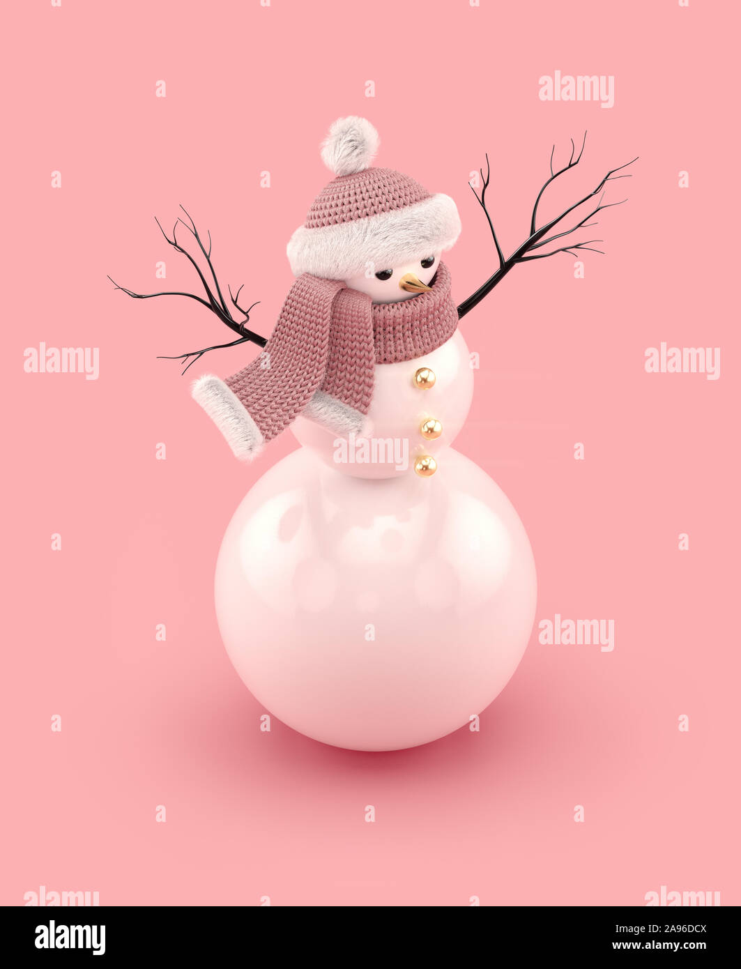 Weihnachten Schneemann in eine gestrickte Mütze und Schal auf rosa Hintergrund. Frohes Neues Jahr Konzept. 3D-Rendering. Stockfoto