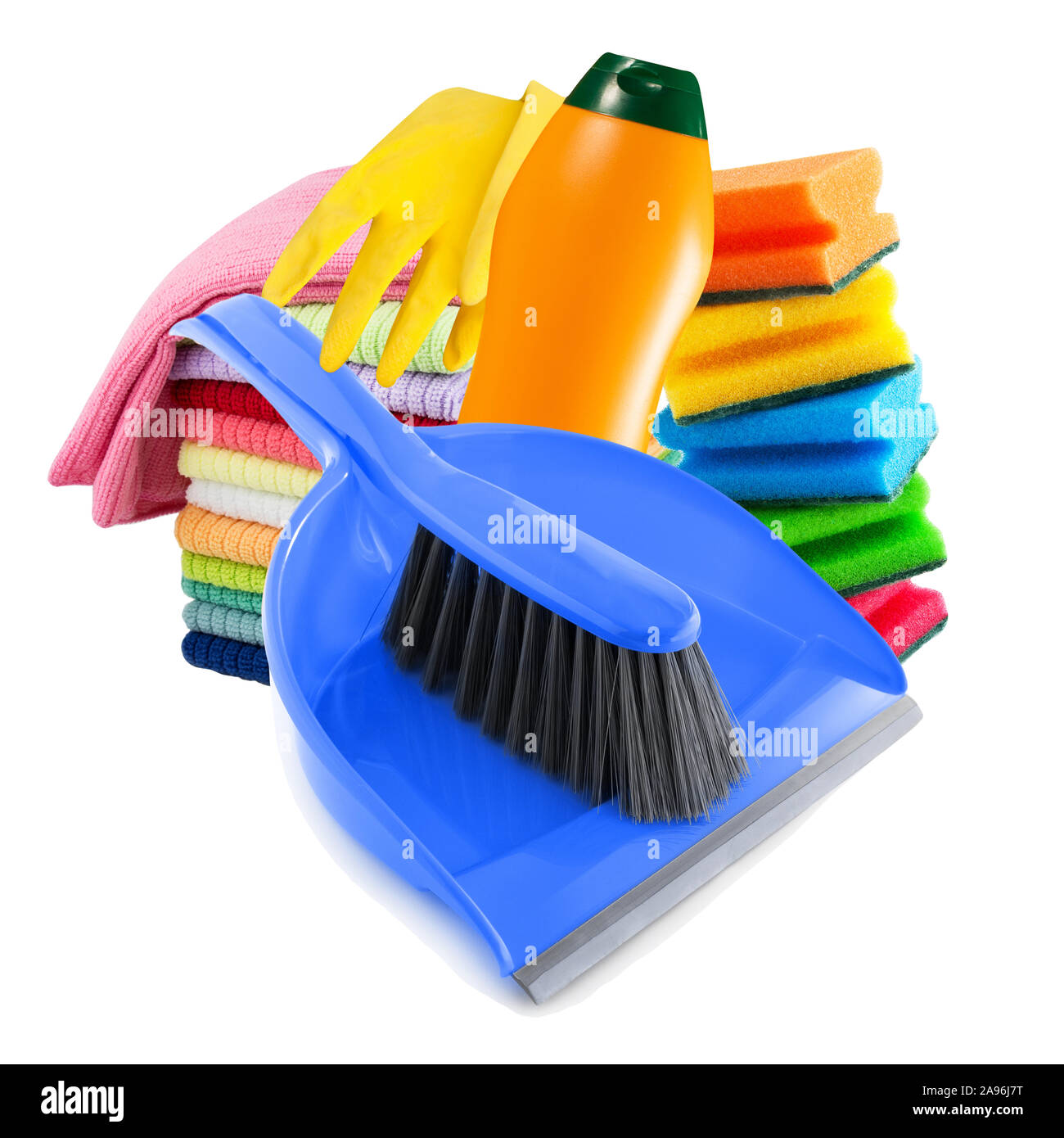 Haushalt Reinigung Produkte vor weißem Hintergrund Stockfoto