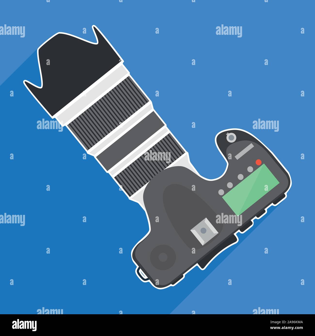 Professionelle DSLR-Kamera Top view Vector Illustration im flachen Stil mit langen Schatten auf blauem Hintergrund. Stock Vektor