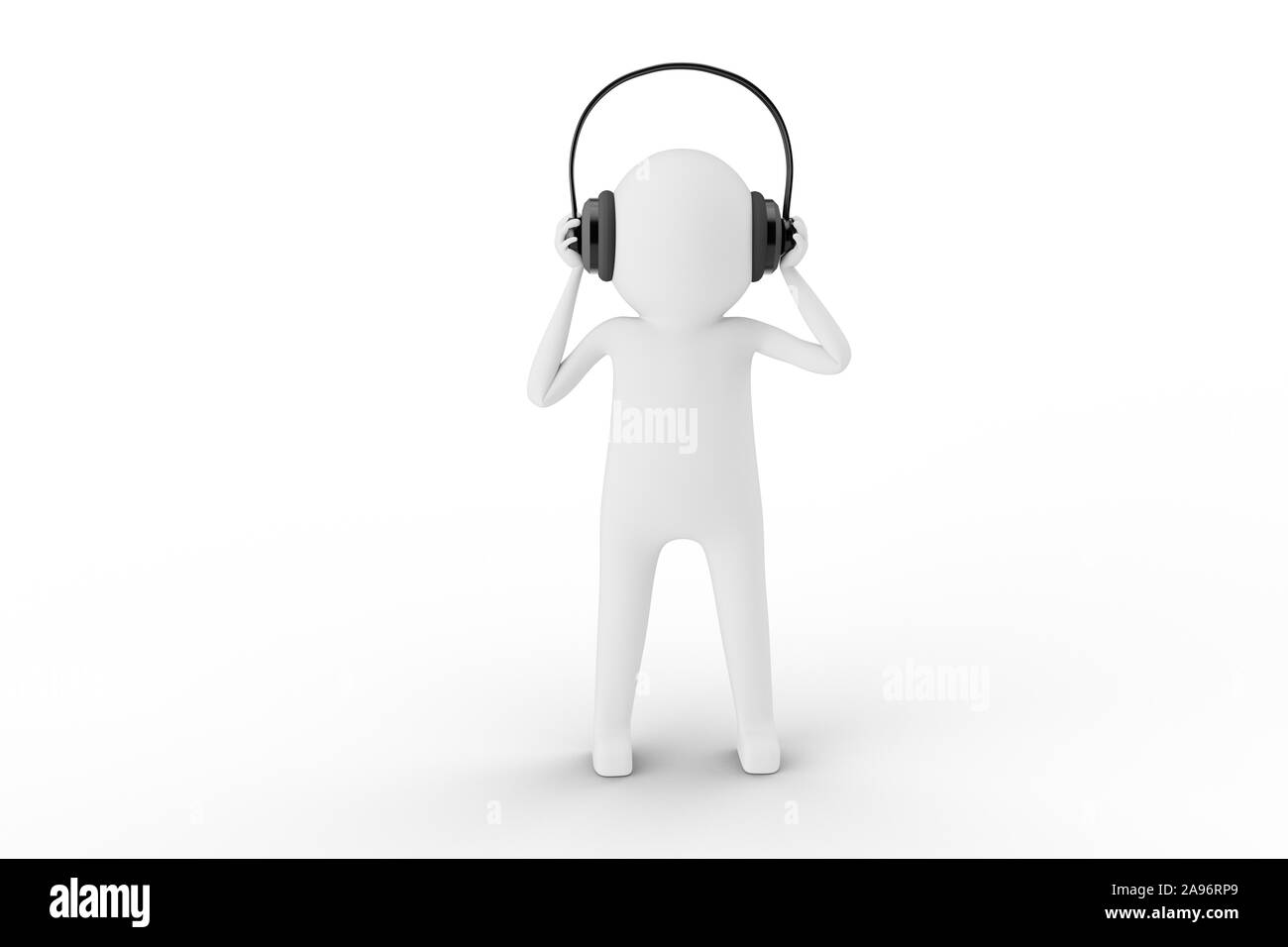 3D-Mann ist das Hören von Musik über die Kopfhörer gegen den weißen Hintergrund. Einfach für Ihre Anforderungen zuzuschneiden. 3D-Rendering. Stockfoto