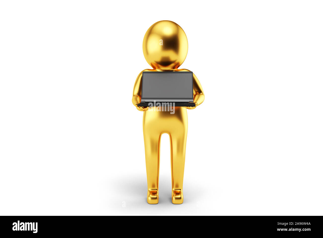 Golden 3D-Mann hält ein Laptop gegen den weißen Hintergrund. 3D-Rendering. Stockfoto