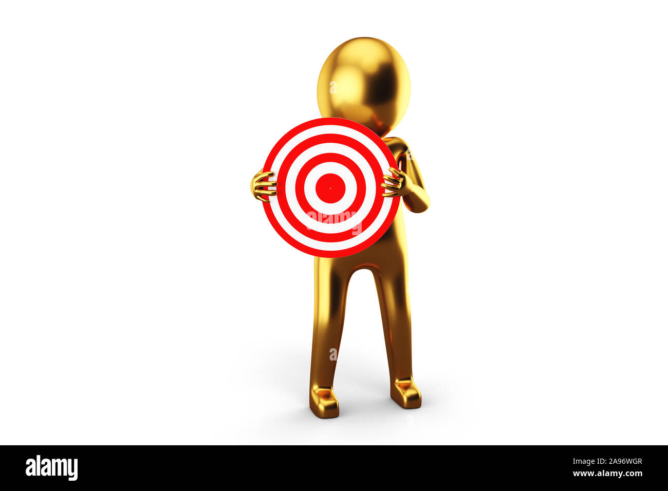 3D-goldenen Mann hält eine rote Bullseye gegen den weißen Hintergrund. 3D-Rendering. Stockfoto