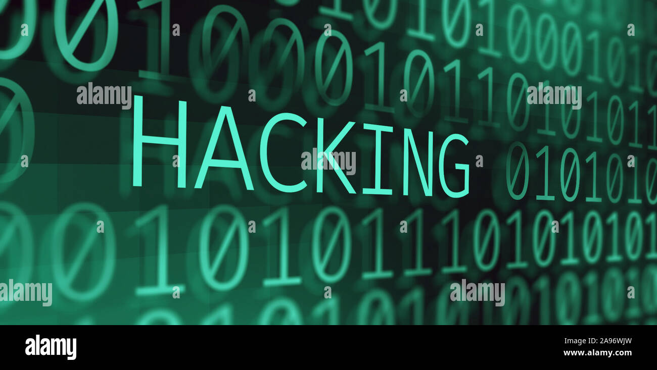 Malware Konzept. Inschrift hacking über 3d-grün binäre Ziffern stream, Panorama Stockfoto