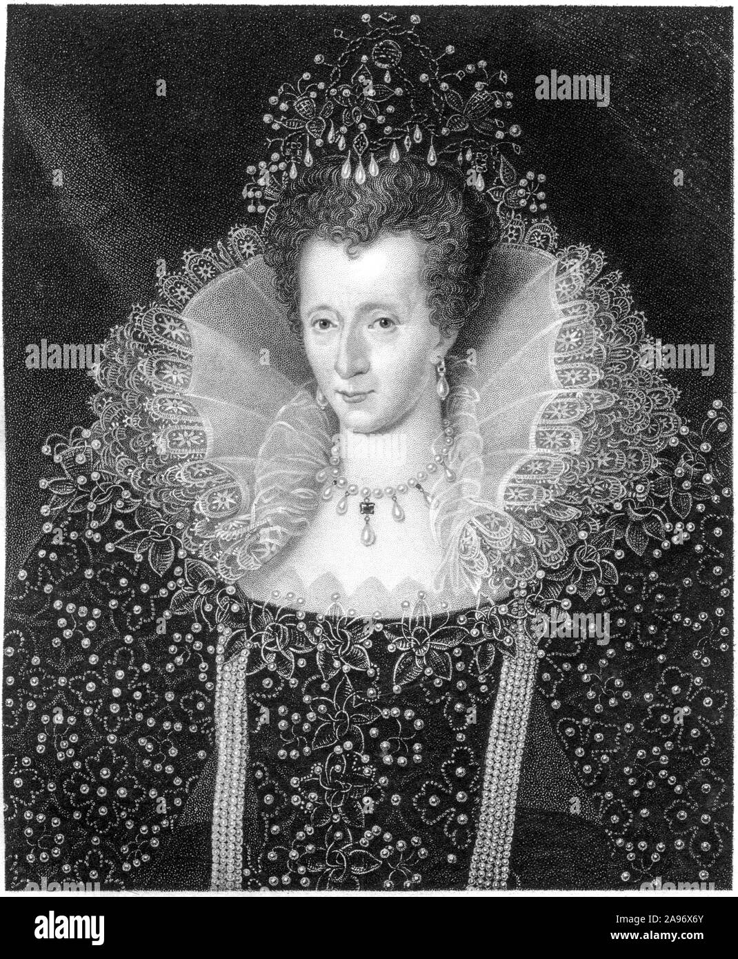 Gravieren von Königin Elizabeth I. von dem Bild im Her Majesty's Sammlung im St James's Palace gescannt und in hoher Auflösung aus einem Buch von 1859. Stockfoto
