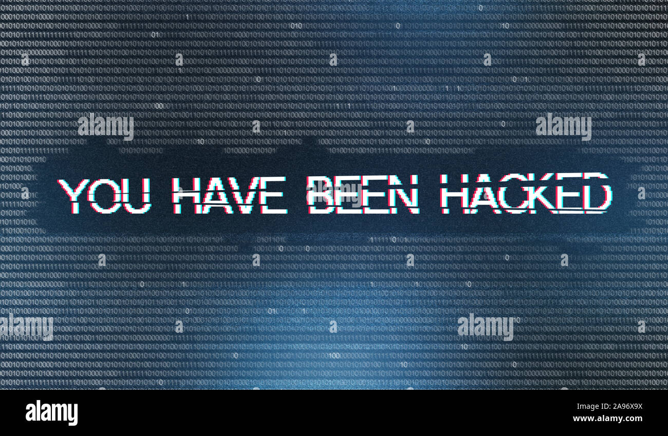 Hacker Angriff Warnung. Sie haben Inschrift über binäre Ziffern Hintergrund gehackt, Panorama Stockfoto