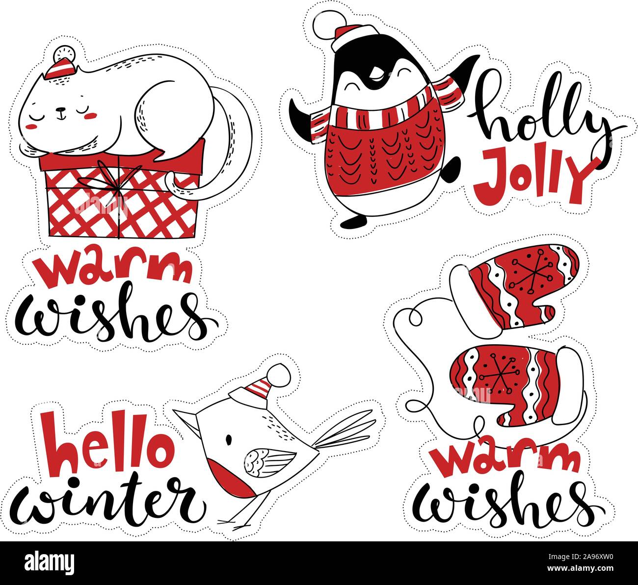 Vektor Weihnachten Sticker Set. Cute Etiketten mit cartoon Weihnachten Zeichen. Stock Vektor