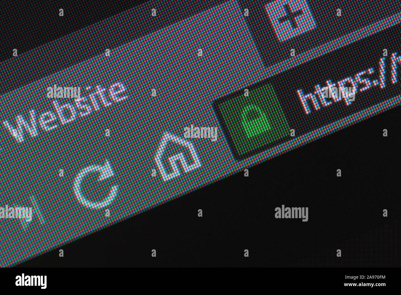 Web Browser closeup auf LCD mit sicheren https-URL und sichtbare Pixel. Internet Security, SSL-Zertifikat, Cybersecurity, Suchmaschine und Webbrowser Stockfoto