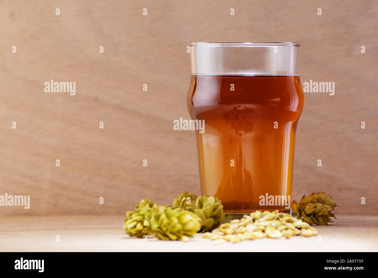Bier in ein Glas mit Gerste und Hopfen auf Holz- Hintergrund. Handwerk Bier, Brauereien und Alkohol trinken Konzepte. Stockfoto
