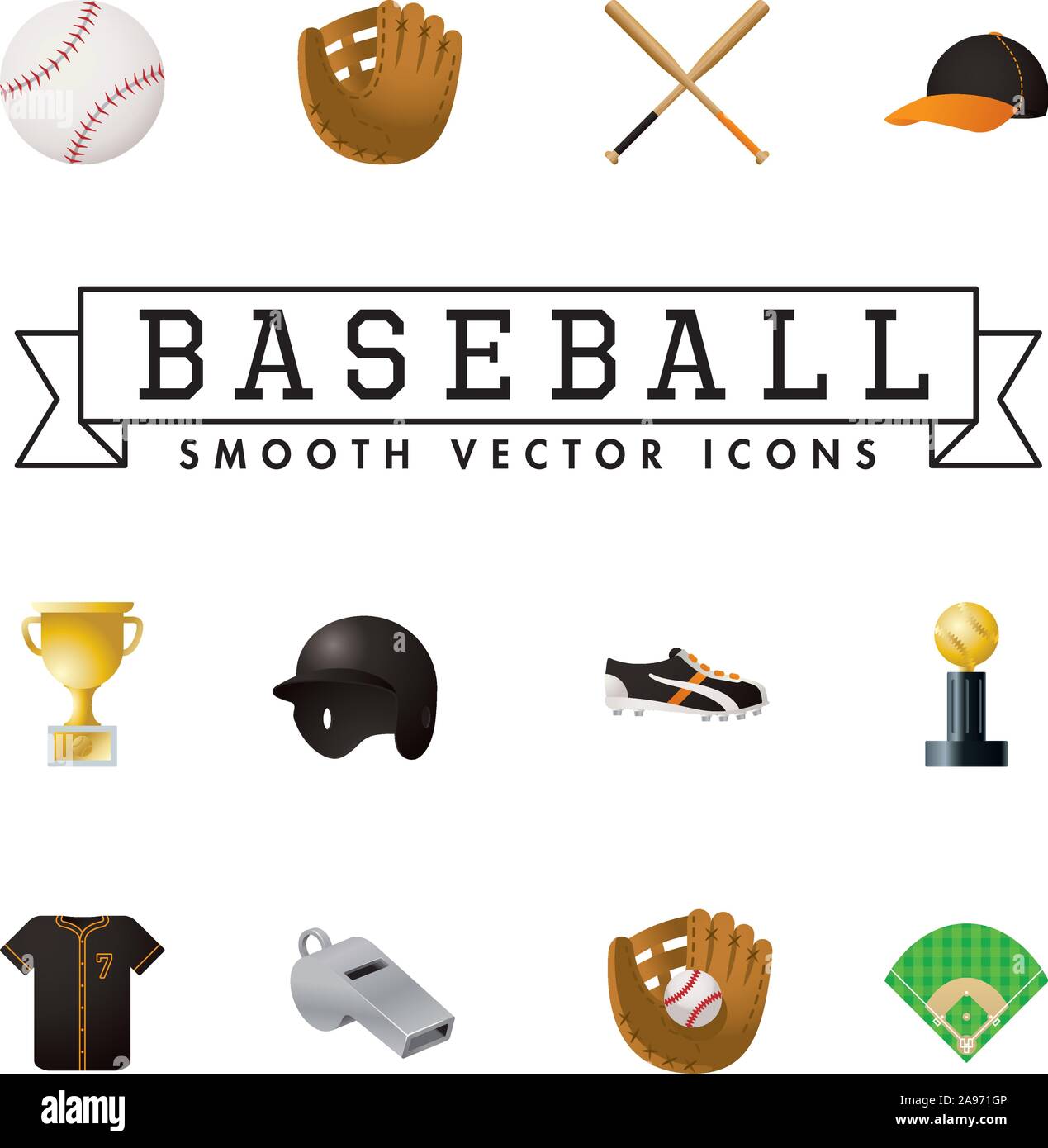 Set mit 12 glatten Stil Baseball Sport Ausrüstung, Kleidung und Auszeichnungen Color Vector Icons. Stock Vektor