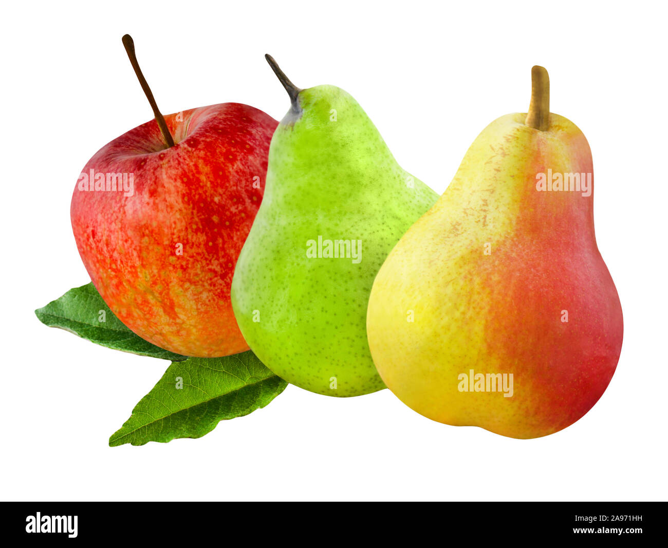 Äpfel und Birnen gegen den weißen Hintergrund Stockfoto