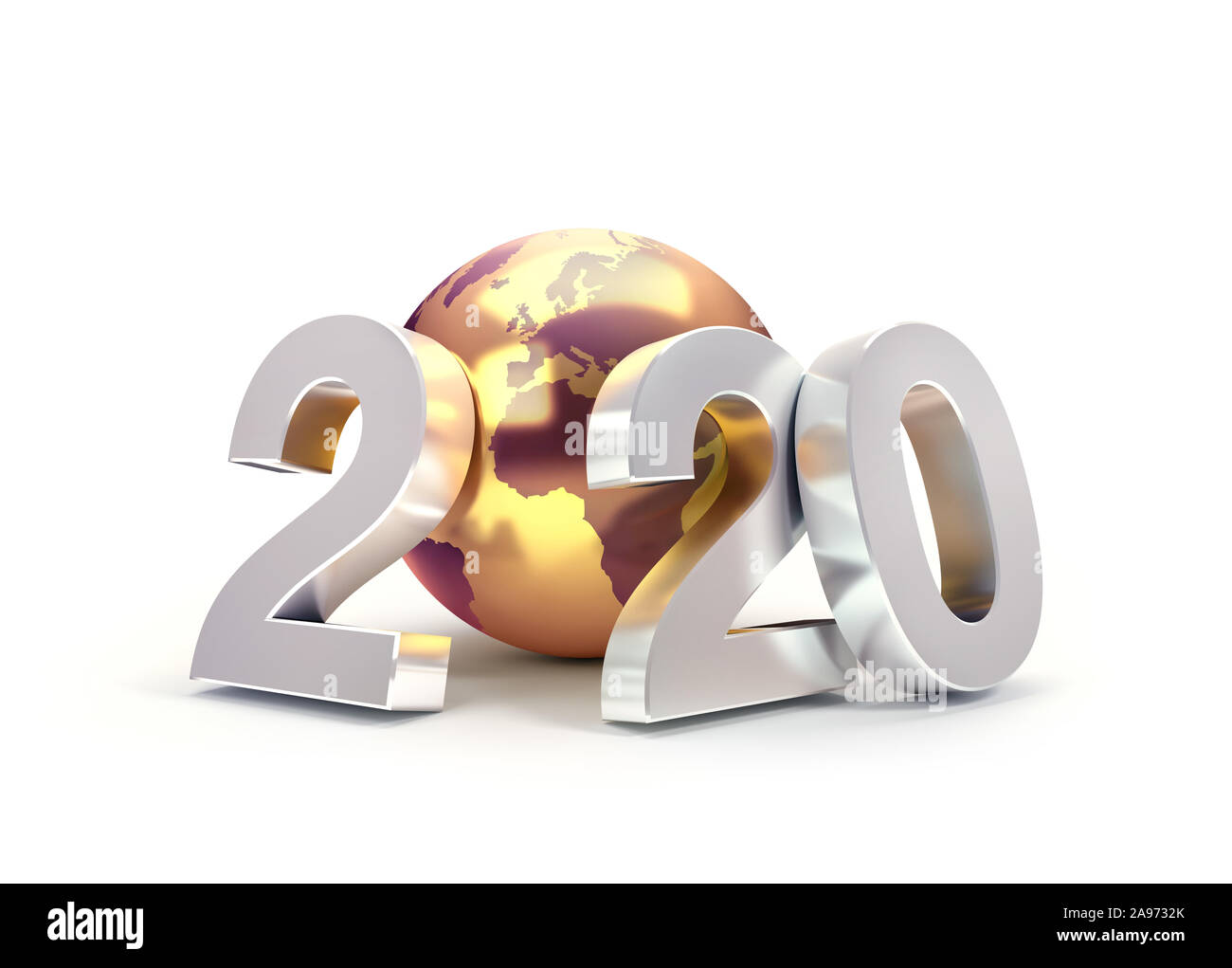 2020 Neues Jahr Datum Anzahl besteht aus einem goldenen Planeten Erde, über Europa und Afrika, auf Weiß - 3D Illustration isoliert konzentriert Stockfoto