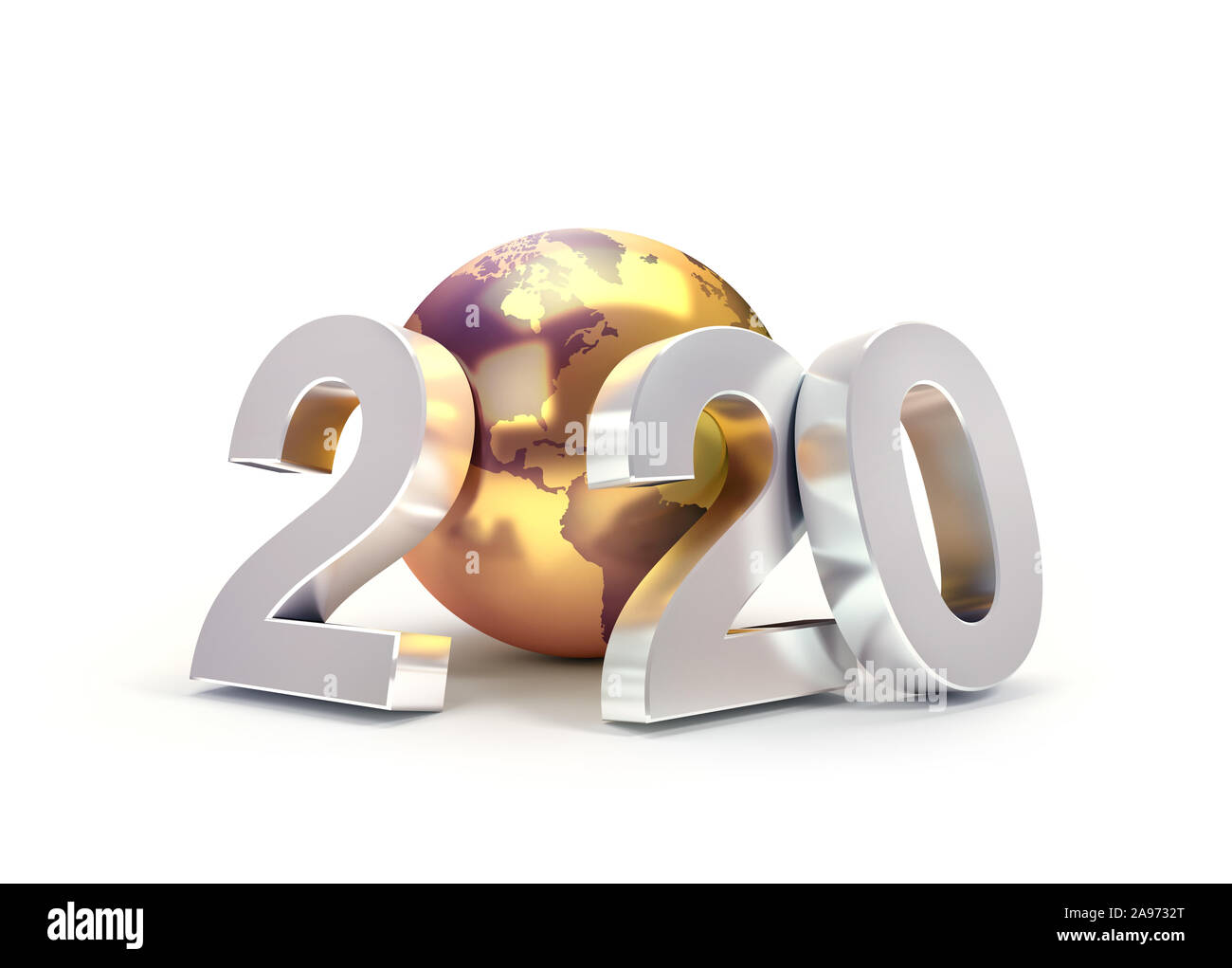2020 Neues Jahr Datum Anzahl besteht aus einem goldenen Planeten Erde, konzentrierte sich auf Nordamerika, auf Weiß - 3D Illustration isoliert Stockfoto