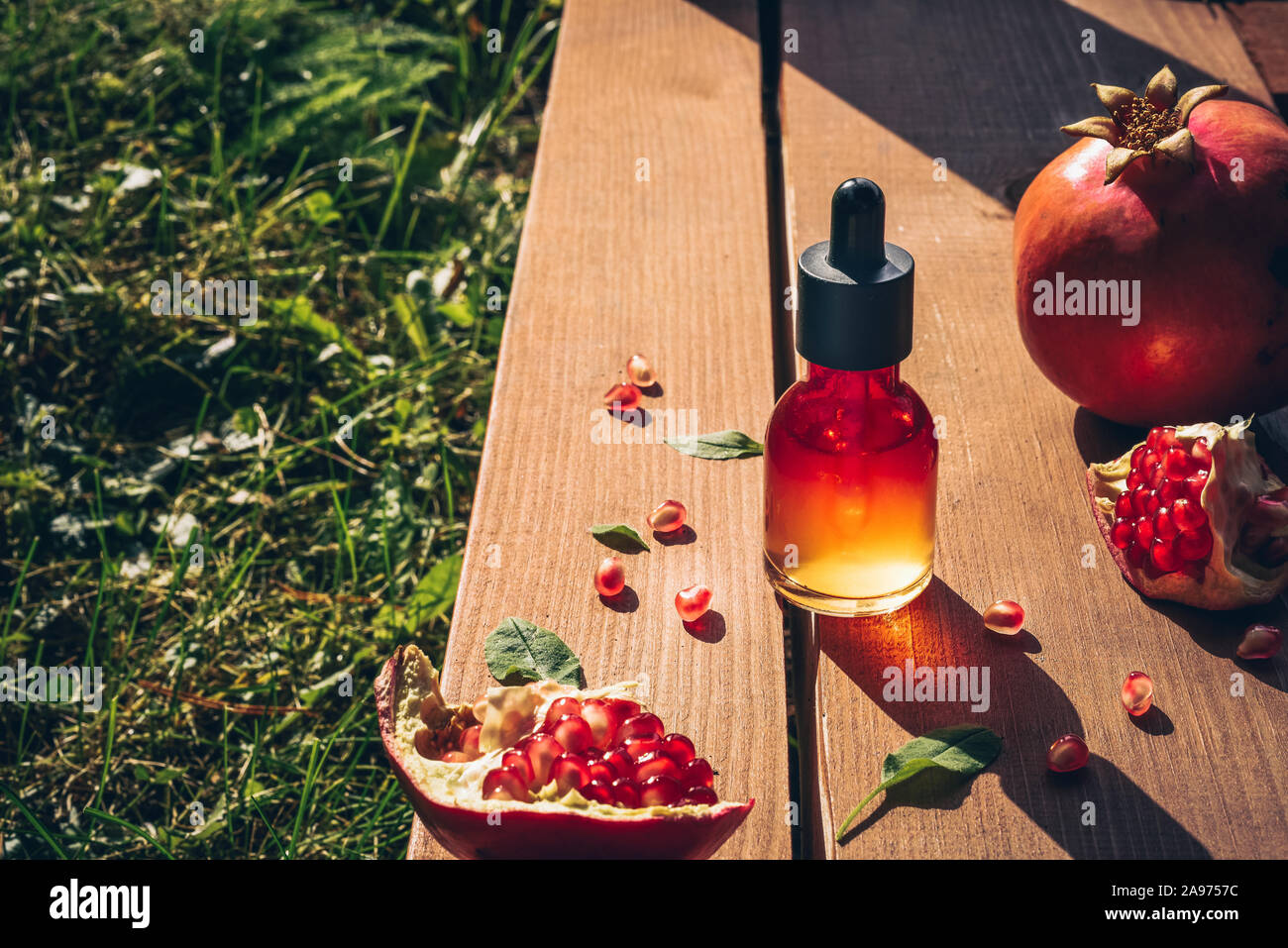 Trendy Sonnenlicht Granatapfel Kernöl, Serum in Glas Flasche auf Holz- Hintergrund. Lifestyle Konzept der Anti-Aging-Hautpflege. Stockfoto