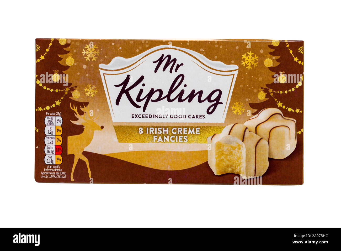 Box von Herr Kipling 8 irische Crème Phantasien, die überaus guten Kuchen auf weißem Hintergrund Stockfoto