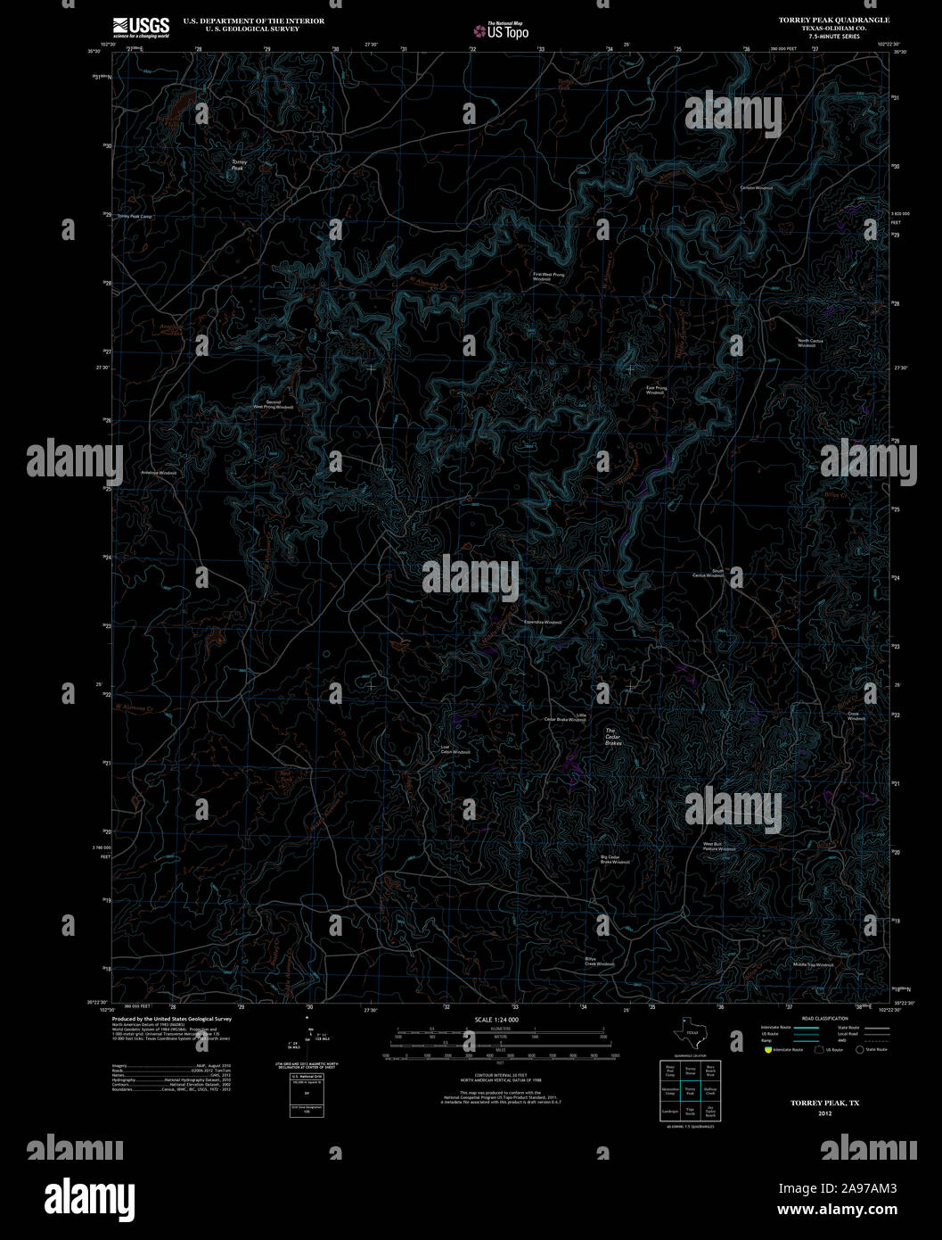 USGS TOPO Karte Texas TX Torrey Peak 20121030 TM invertiert Stockfoto