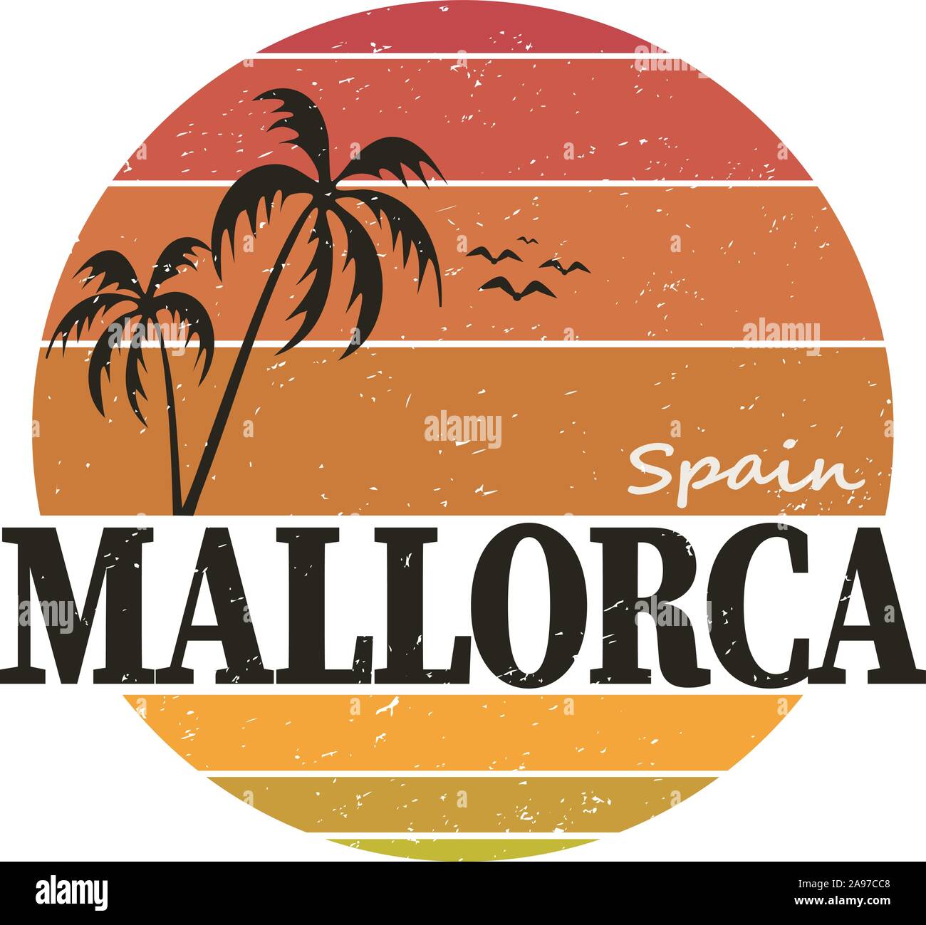 Vektor Sommer Abbildung: Mallorca, Balearen, Spanien. Runde isolierte Elemente auf weißem Hintergrund. Kann als Aufkleber, Druck für T-Shirts verwendet werden. Stock Vektor