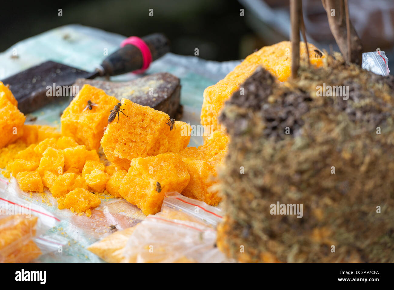 Raw Honig auf dem Display zieht Bienen auf einem Bauernhof in Guilin, China. Stockfoto