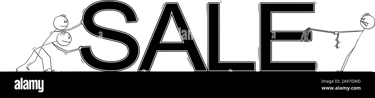 Vektor cartoon Strichmännchen Zeichnen konzeptionelle Darstellung der Gruppe der Männer oder der Unternehmer drücken große Verkauf von kommerziellen unterzeichnen. Stock Vektor