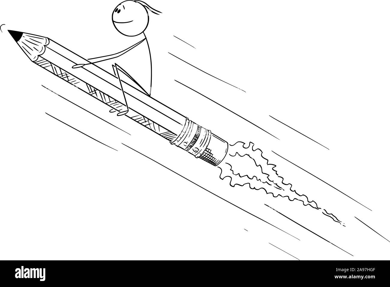 Vektor cartoon Strichmännchen Zeichnen konzeptionelle Darstellung der Mann oder Geschäftsmann sitzen auf Bleistift Rakete. Kreative Ideen und Kreativität. Stock Vektor