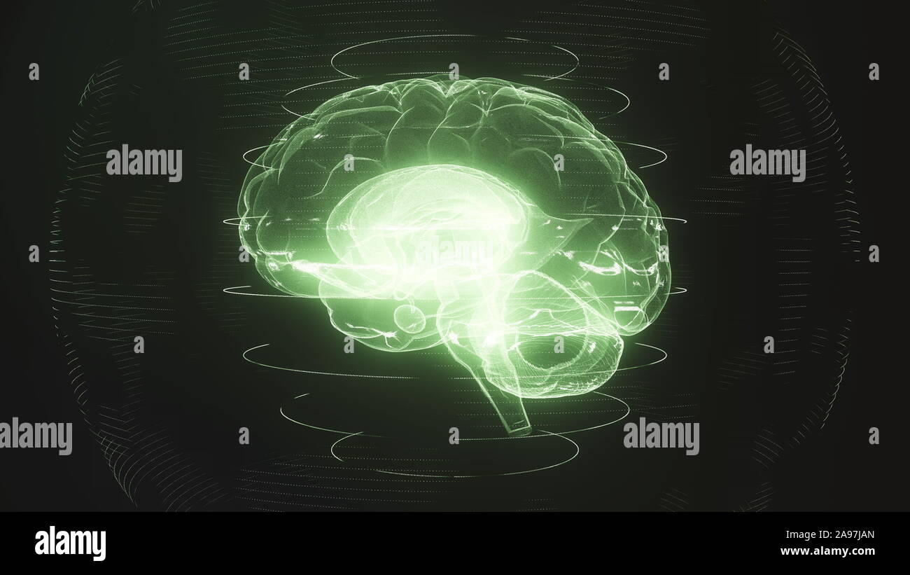 Futuristische grüne digitale Gehirn. Neuronen Feuern in MRT-Scan Stockfoto