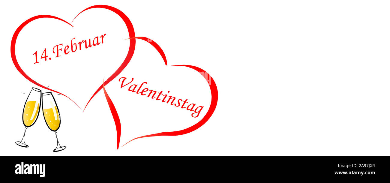 Valentinstag rote Herzen und Champagner auf weißem Hintergrund Stockfoto