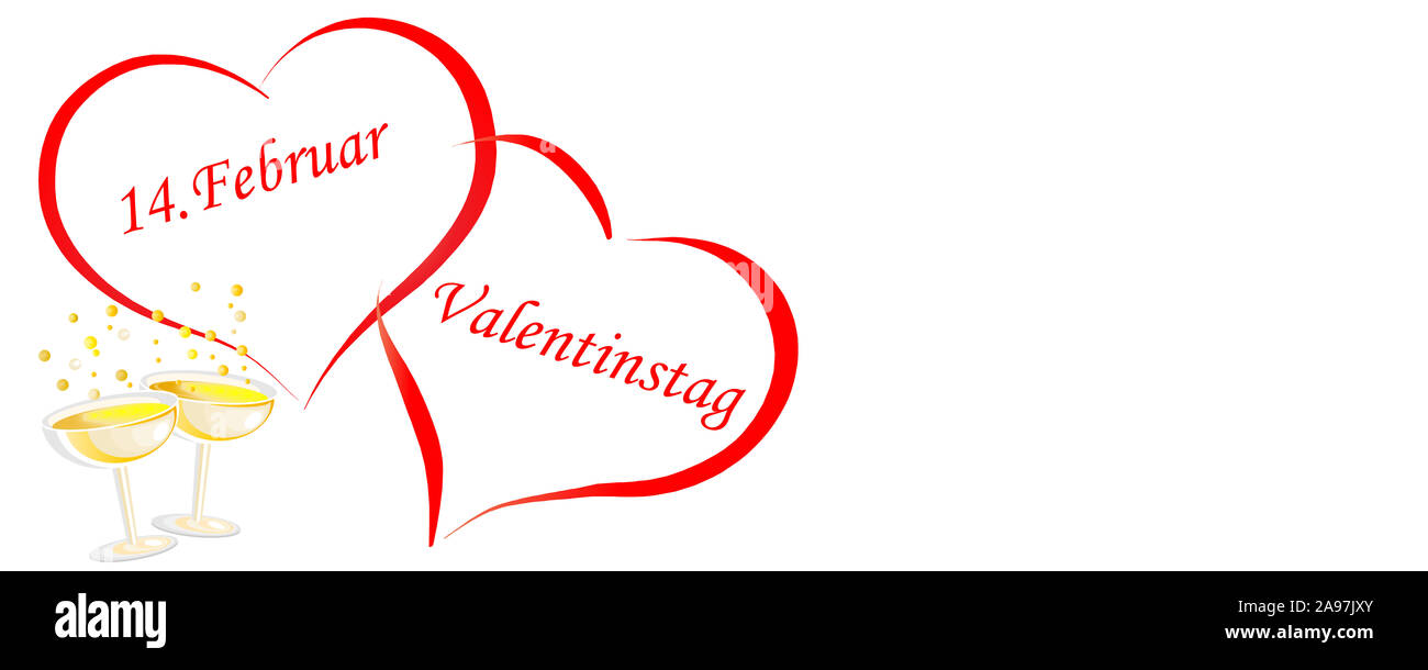 Valentinstag rote Herzen und Champagner auf weißem Hintergrund Stockfoto
