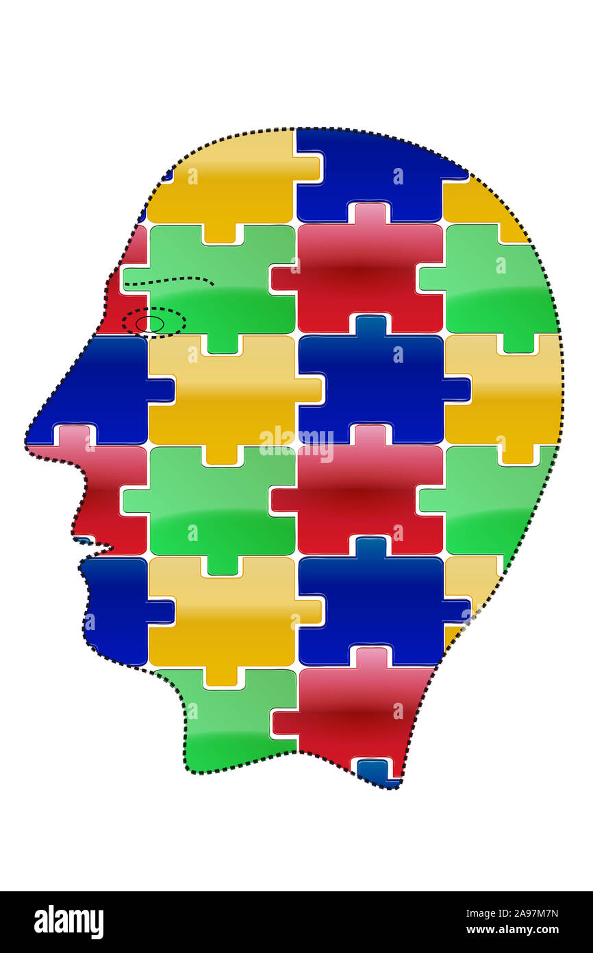 Puzzle Kopf auf weißem Hintergrund Stockfoto Puzzle Kopf auf weißem Hintergrund Stockfoto