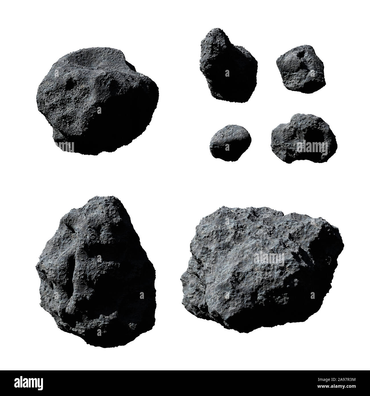 Satz von Asteroiden auf weißem Hintergrund Stockfoto