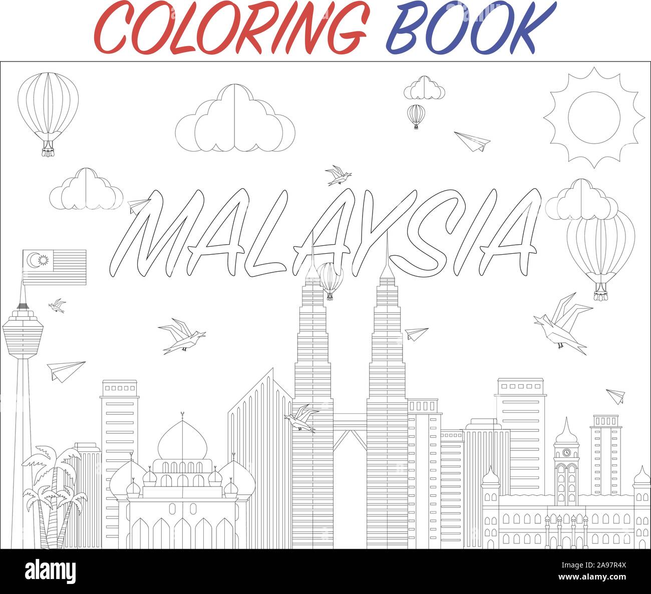 Malaysia Kuala Lumpur Land Stadt Skyline mit Fahne, Handwerk Vector Illustration. Farbenfrohe Kunst, Reisen, Stadt, Landschaft, schöne Tourismus ba Stock Vektor