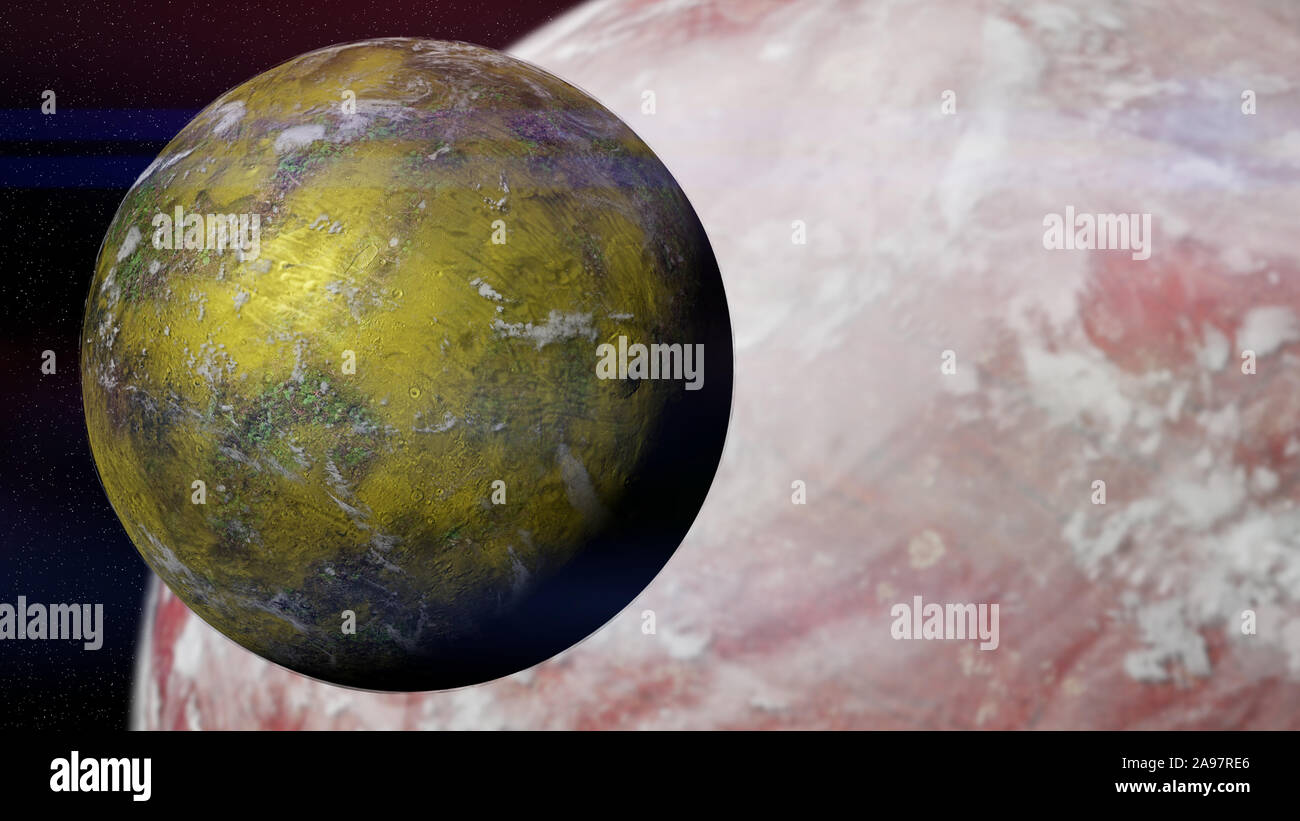Alien Mond mit der Oberfläche leben in der Umlaufbahn eines riesigen exoplanet Stockfoto