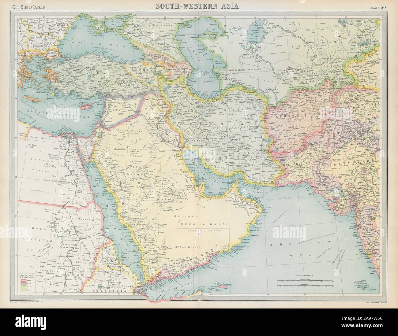 Arabien und dem Nahen Osten. Debai/Dubai Abu Dhabi Koweit/Kuwait. Die Zeiten 1922 Karte Stockfoto