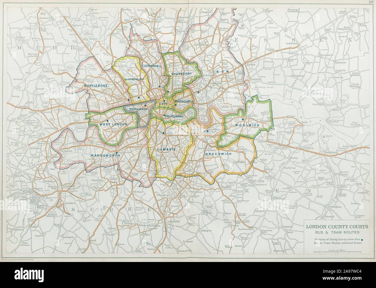 LONDON COUNTY COURTS + Bus- und Straßenbahnlinien. Vintage Karte. Speck 1920 alte Stockfoto