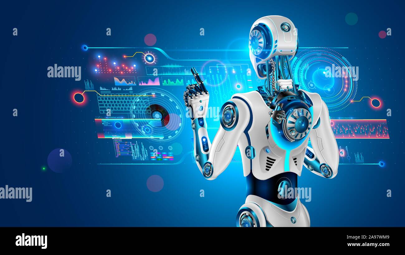 Roboter mit AI steht mit dem Rücken zum Betrachter und arbeitet mit industriellen Virtuelle 3D-Schnittstelle. Cyborg Rückansicht tippt mit dem Finger auf die Schaltfläche holographische Touch Stock Vektor