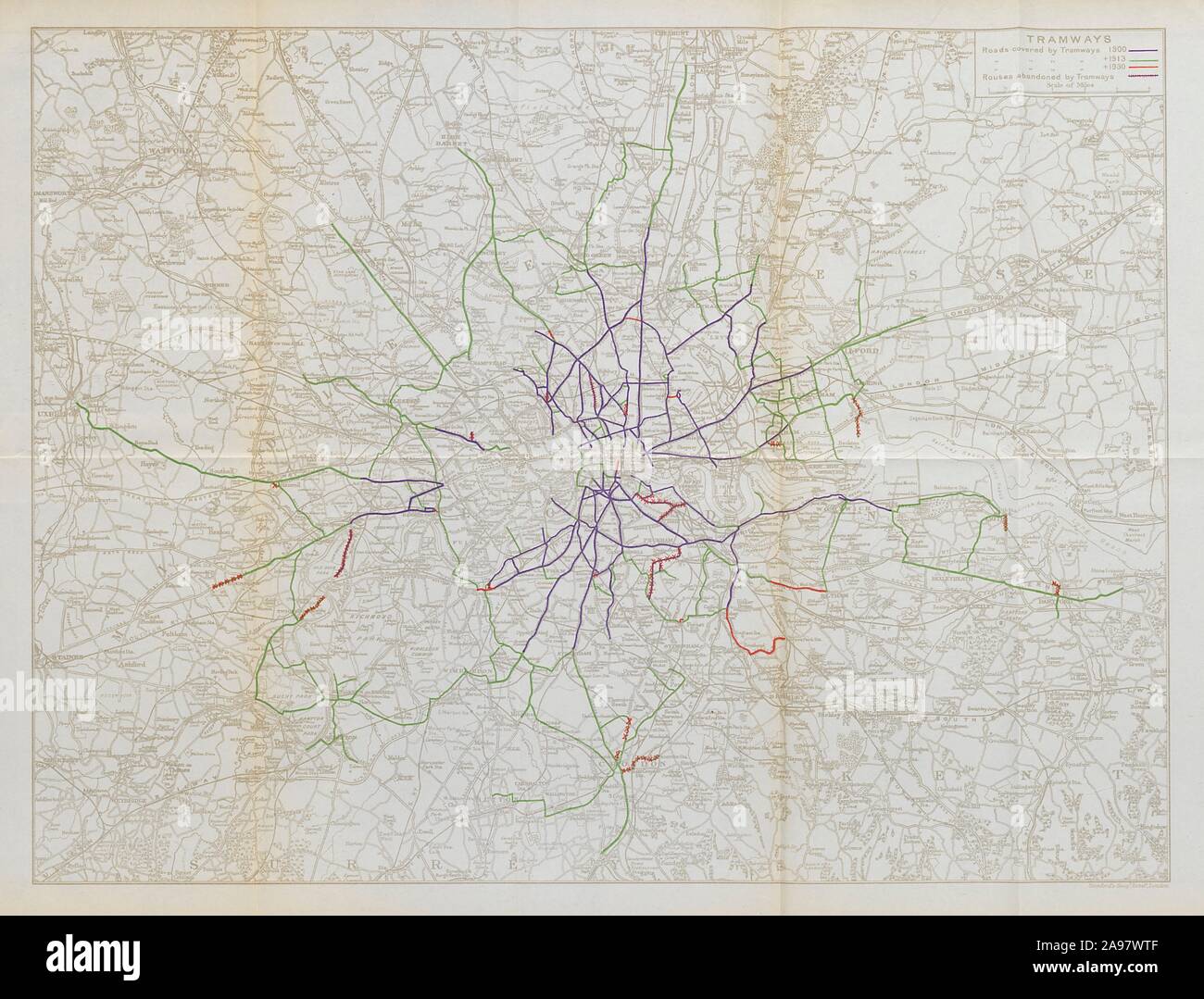 London Straßenbahnen. Entwicklung 1900-1930. STANFORD 1931 alte vintage Karte chart Stockfoto