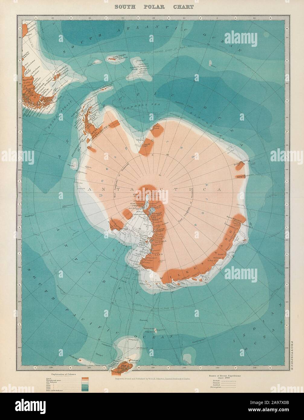 Antarktis. Zeigt Amundsen erreicht Südpol im Jahre 1911. JOHNSTON 1915 alte Karte Stockfoto