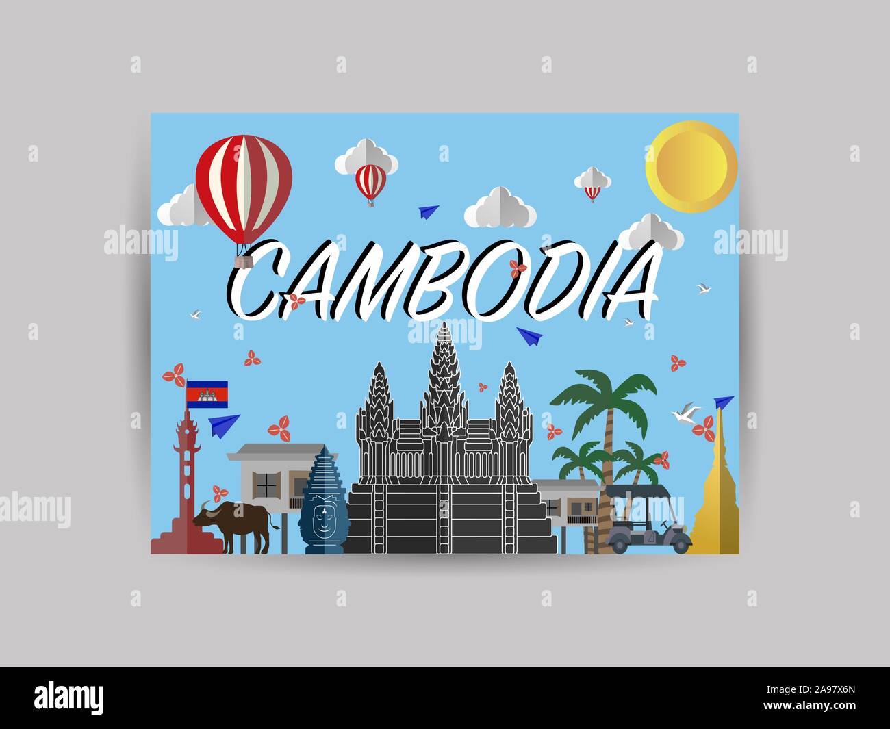 Kambodscha der Roten Khmer Land Stadt Skyline mit Fahne, Handwerk Vector Illustration. Farbenfrohe Kunst, Reisen Platz Thema Stadtbild, Landschaft, schöne Tourismus bac Stock Vektor
